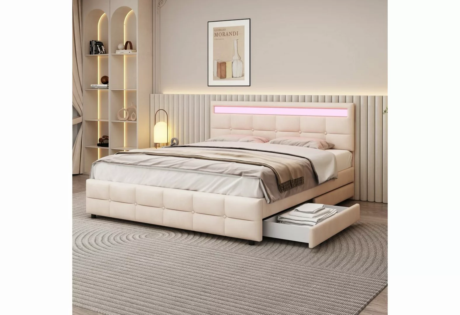Flieks Polsterbett, LED Beleuchtung Doppelbett mit 4 Schubladen 180x200cm S günstig online kaufen