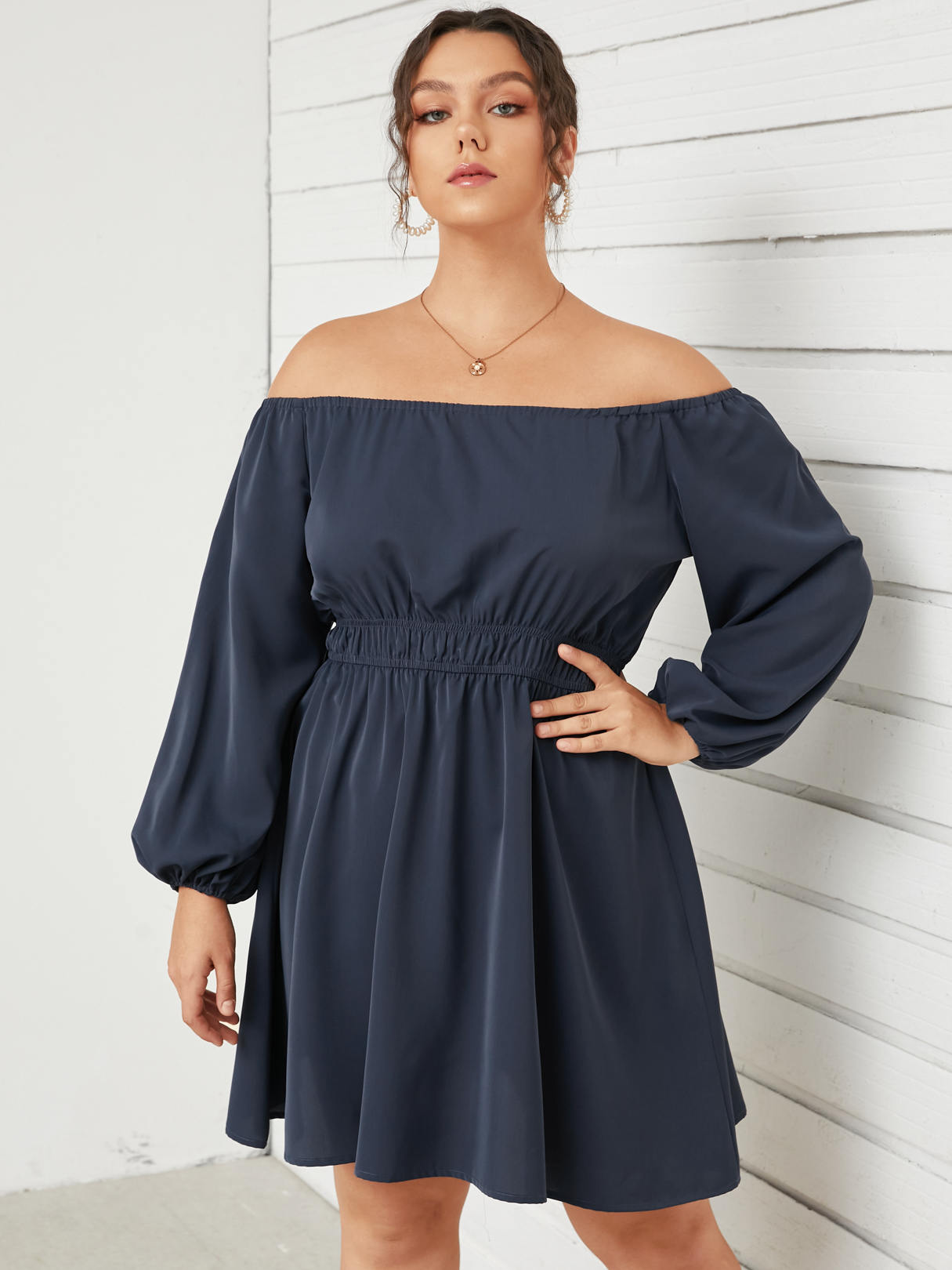 YOINS Plus Size schulterfreies Kleid mit elastischer Taille und langen Ärme günstig online kaufen
