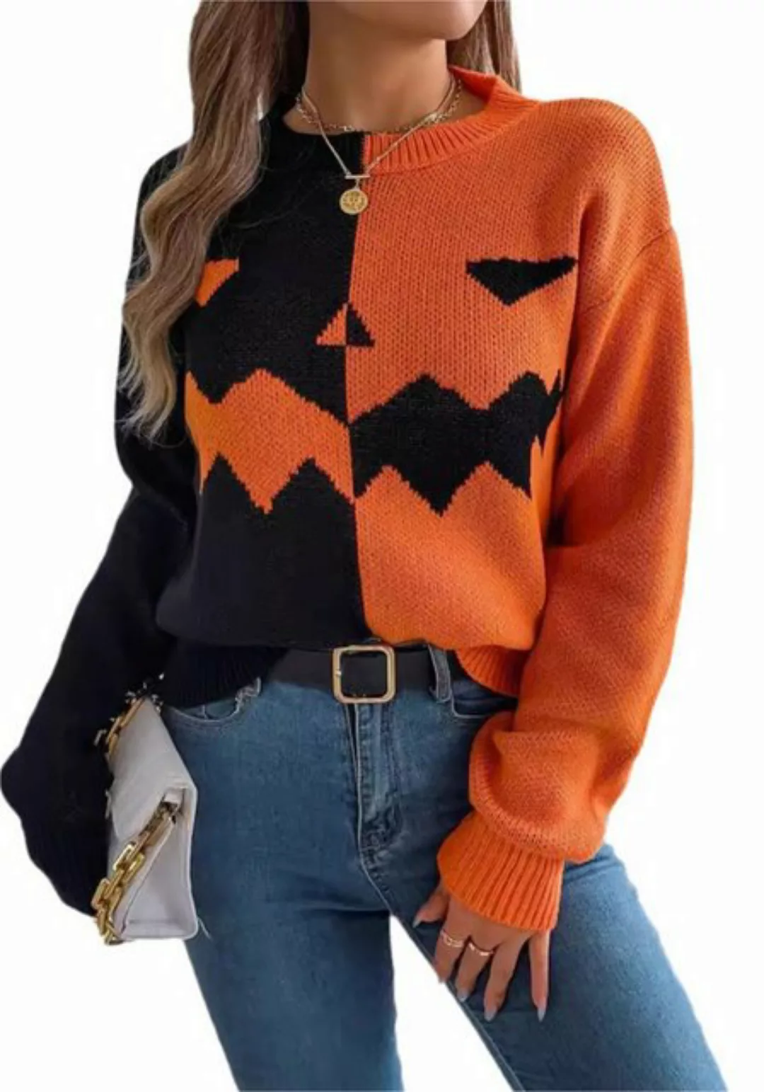 Mayou Strickpullover Damen Lustig Halloween Strickpullover Kontrast Farbe P günstig online kaufen