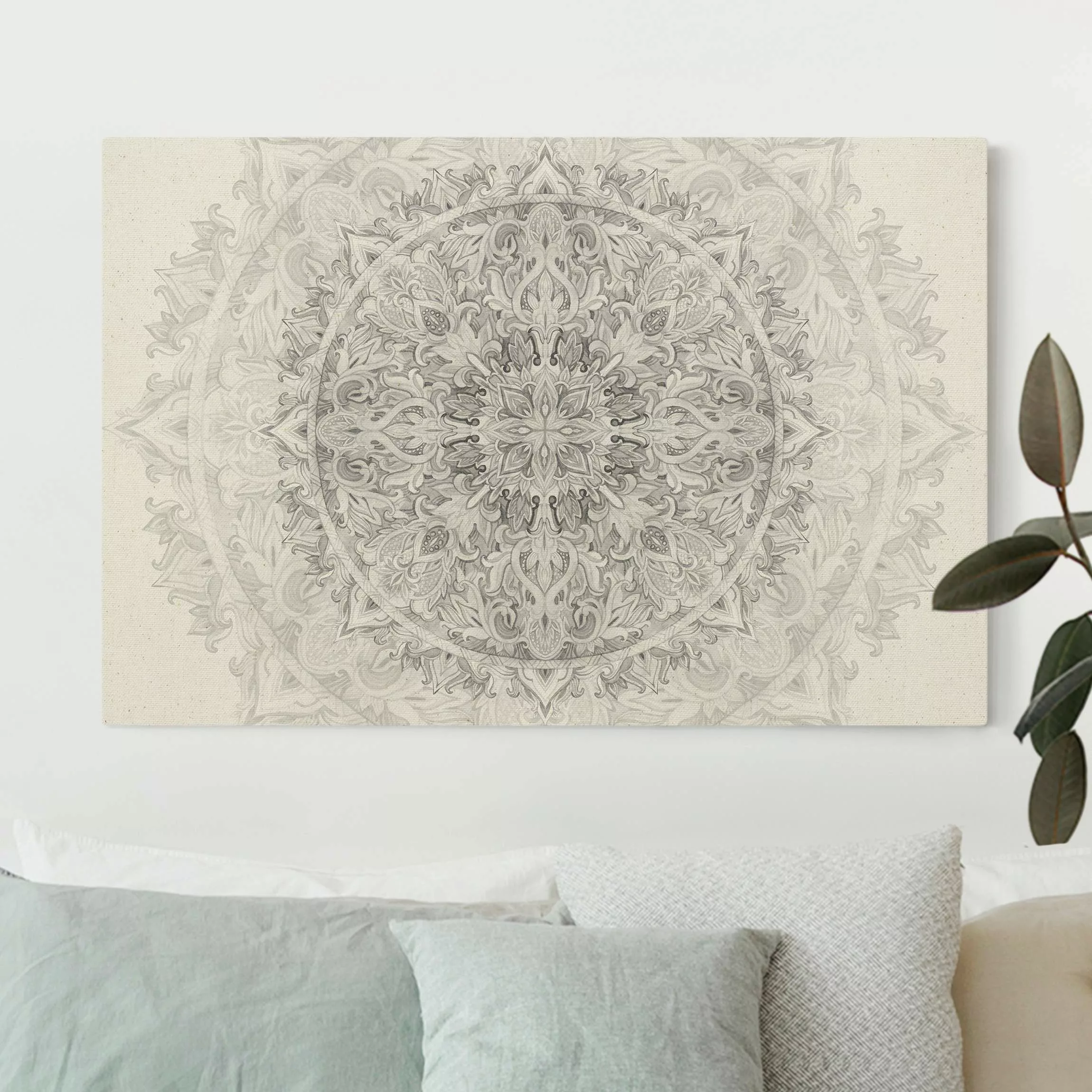 Leinwandbild auf Naturcanvas Mandala Aquarell Ornament Muster Schwarz-Weiß günstig online kaufen