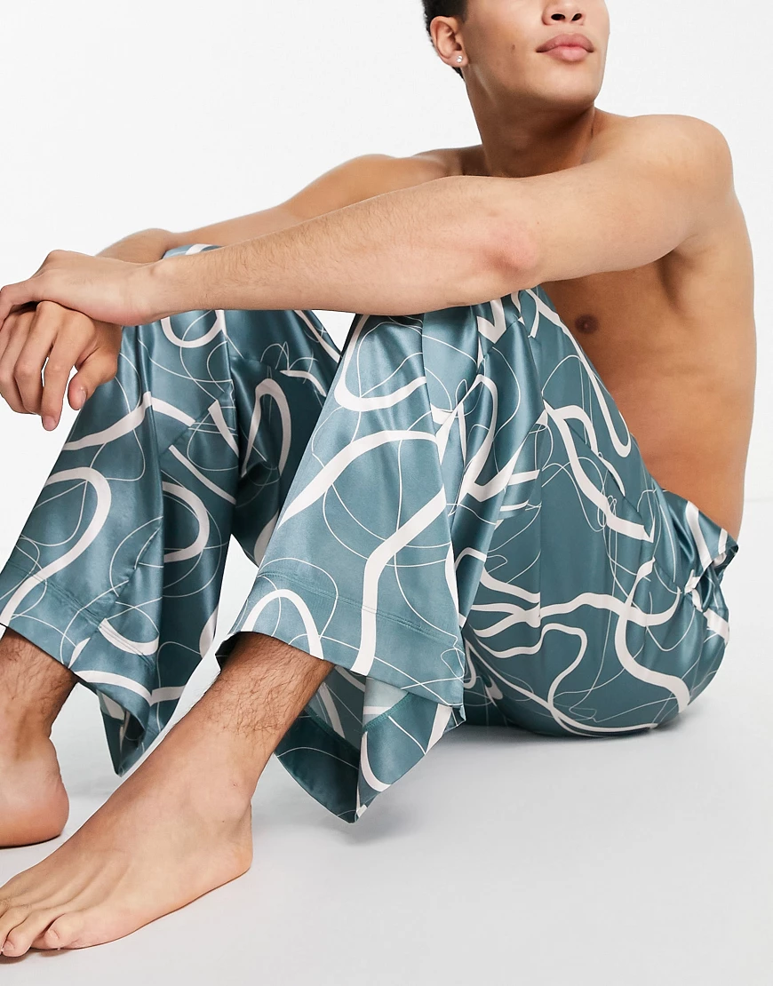ASOS DESIGN – Bedruckte Lounge-Hose aus Satin mit weitem Bein-Grün günstig online kaufen