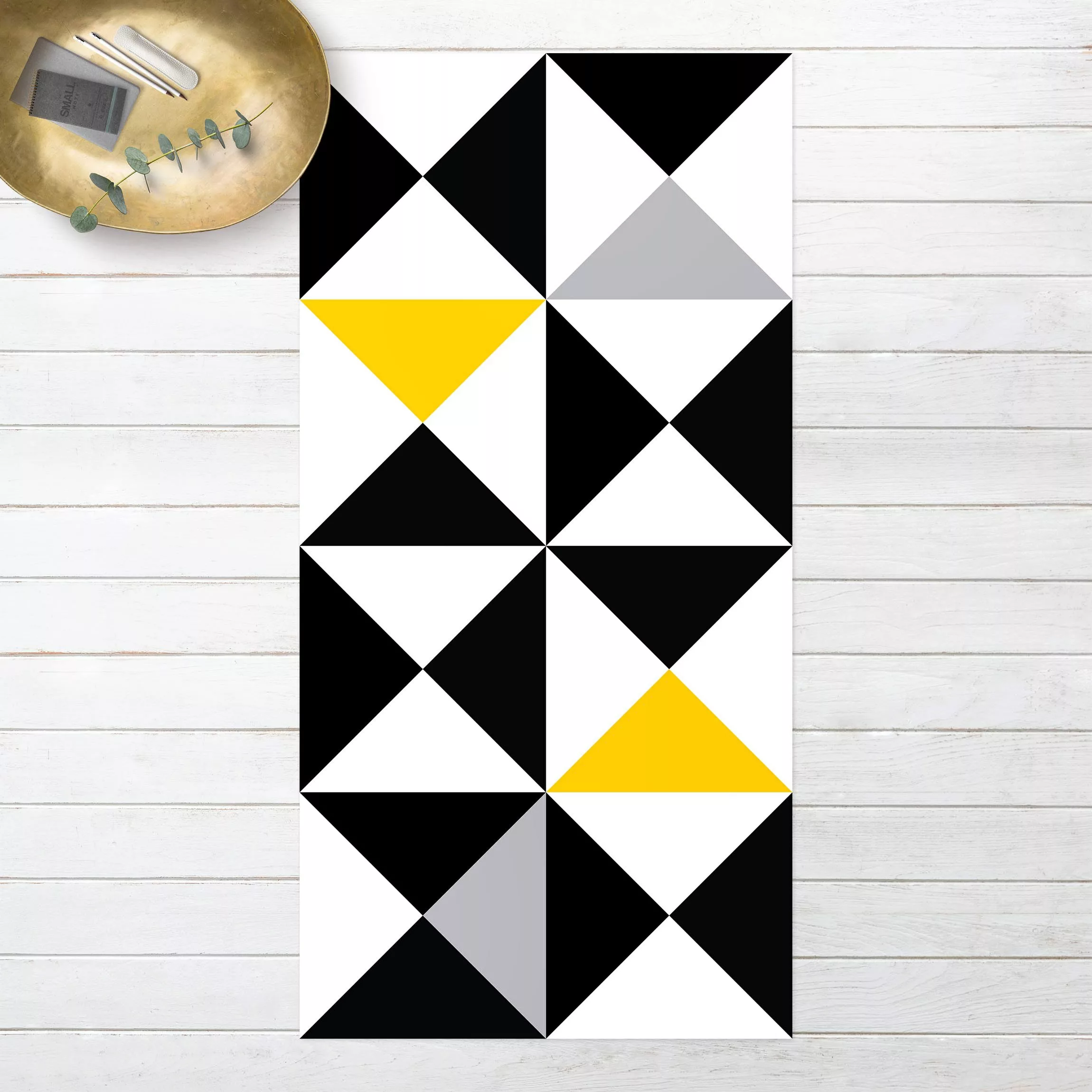Vinyl-Teppich Geometrisches Muster große Dreiecke Farbakzent Gelb günstig online kaufen