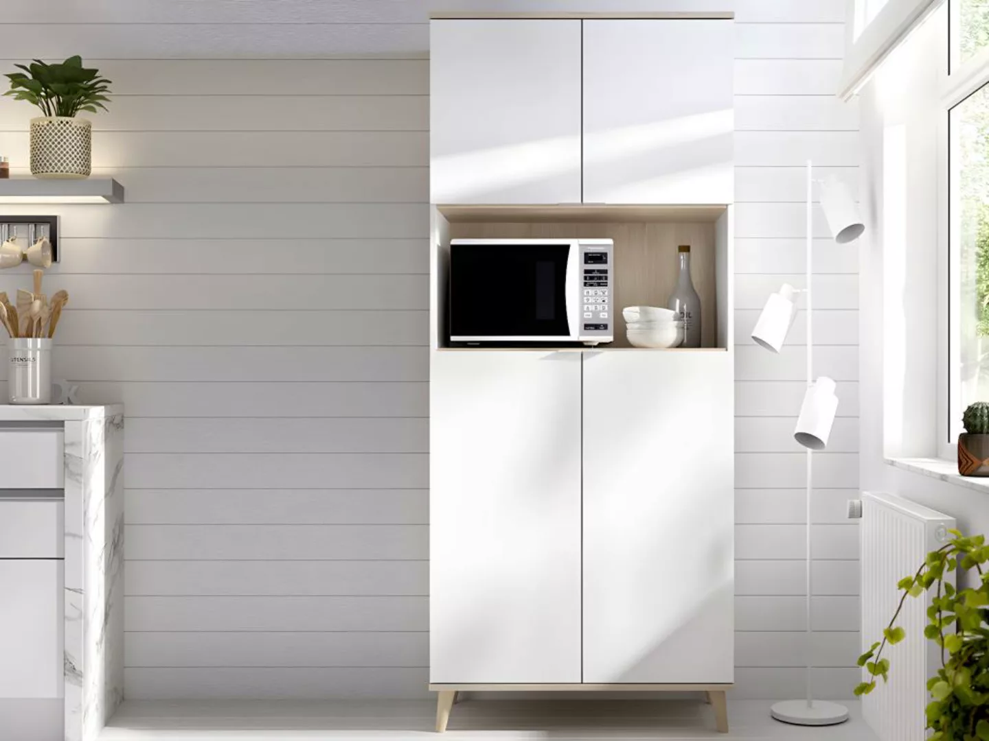 Küchenschrank mit 4 Türen & 1 Ablage - Weiß & Eichefarben - WAJDI günstig online kaufen