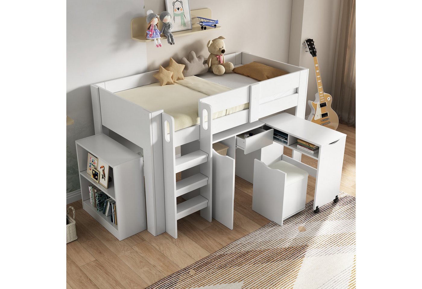 Merax Hochbett 90x200cm mit Schreibtisch und Schrank Kinderbett mit Regal u günstig online kaufen