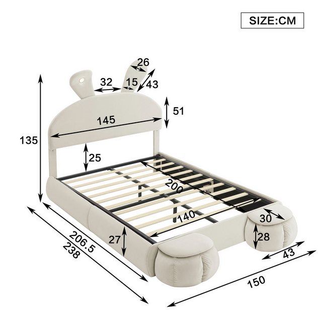 Flieks Polsterbett, LED Hydraulisches Bett 140x200cm mit Hasenohren Kopftei günstig online kaufen