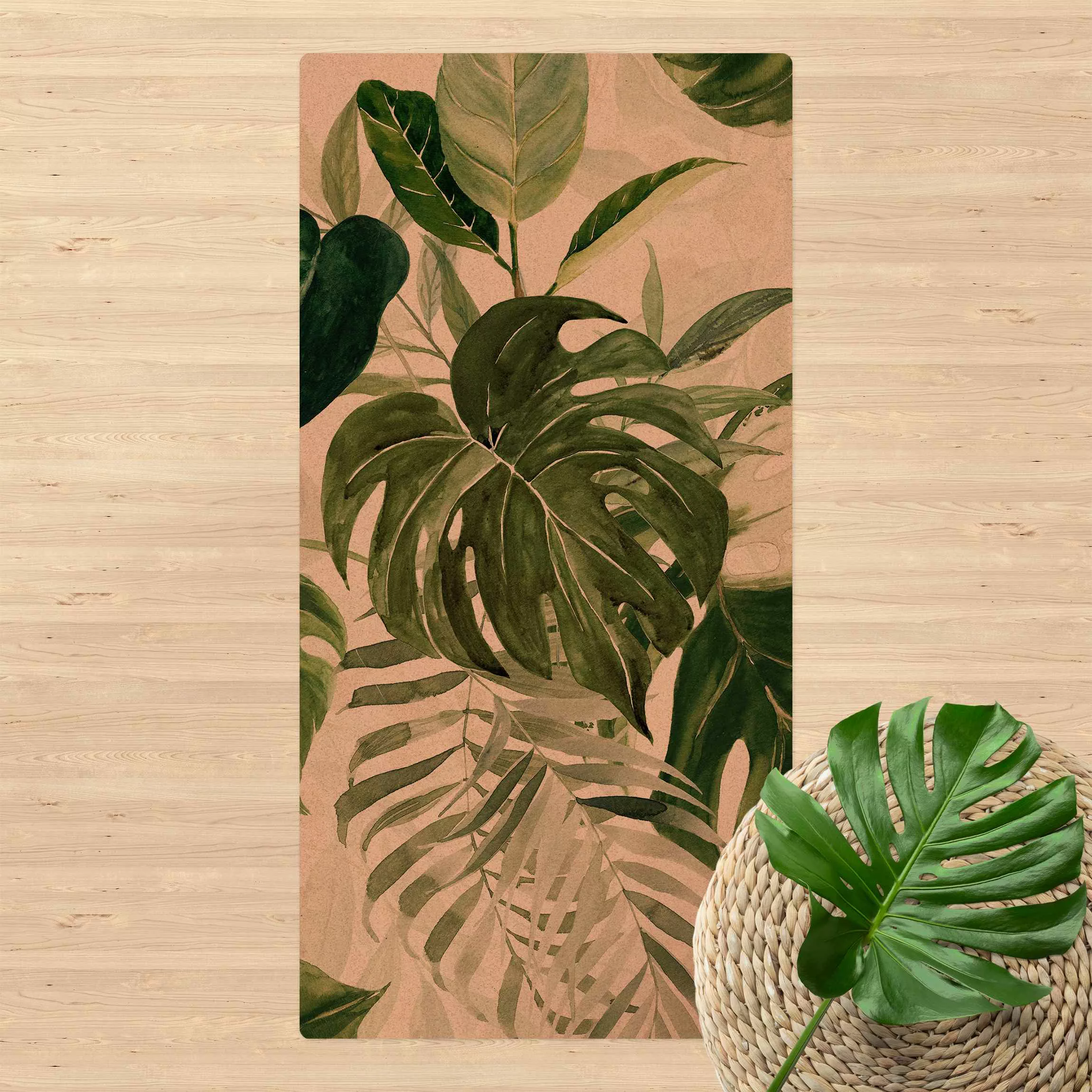 Kork-Teppich Aquarell Tropisches Arrangement mit Monstera günstig online kaufen