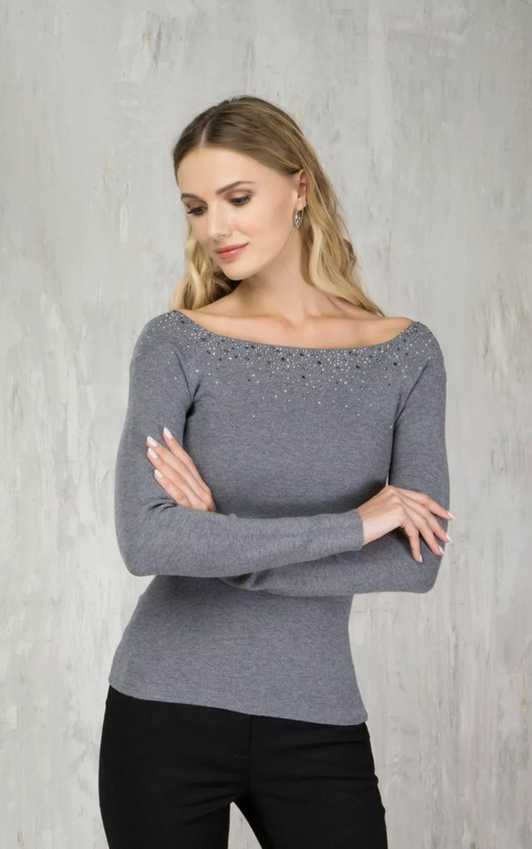 Passioni Strickpullover mit Zopfmuster vorne in Ecru mit Bommel und Perlend günstig online kaufen