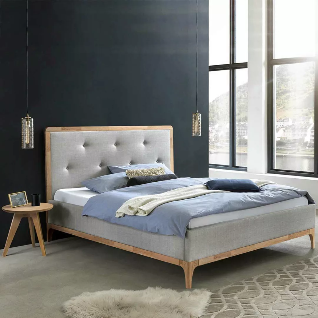 Ehebett Polster Bett in Grau Vierfußgestell aus Holz in Eiche Bianco günstig online kaufen