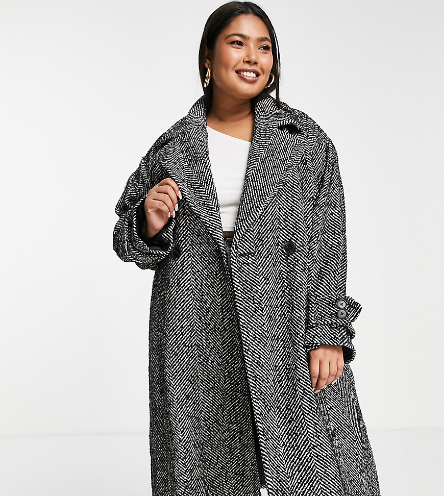 River Island Plus – Zweireihiger Oversize-Maxi-Mantel in Schwarz mit Fischg günstig online kaufen