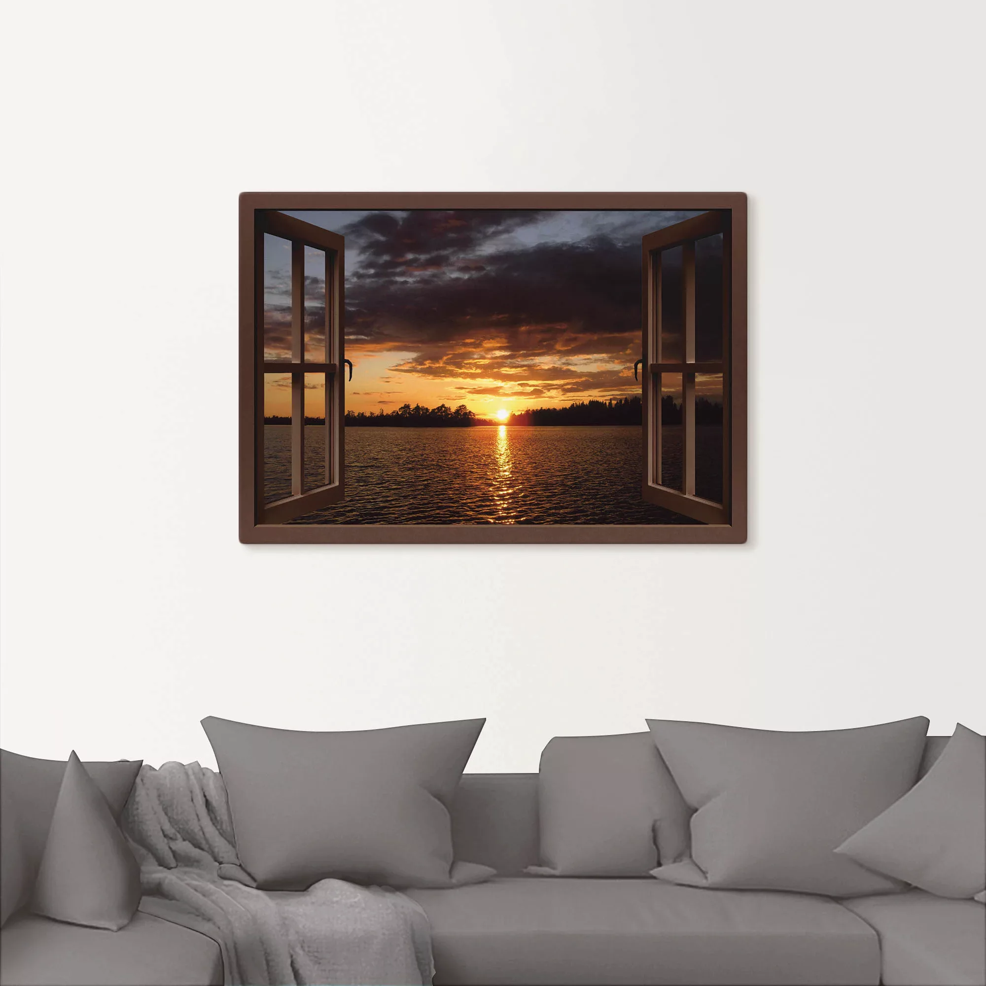 Artland Leinwandbild "Sonnenuntergang am See, braunes Fenster", Seebilder, günstig online kaufen