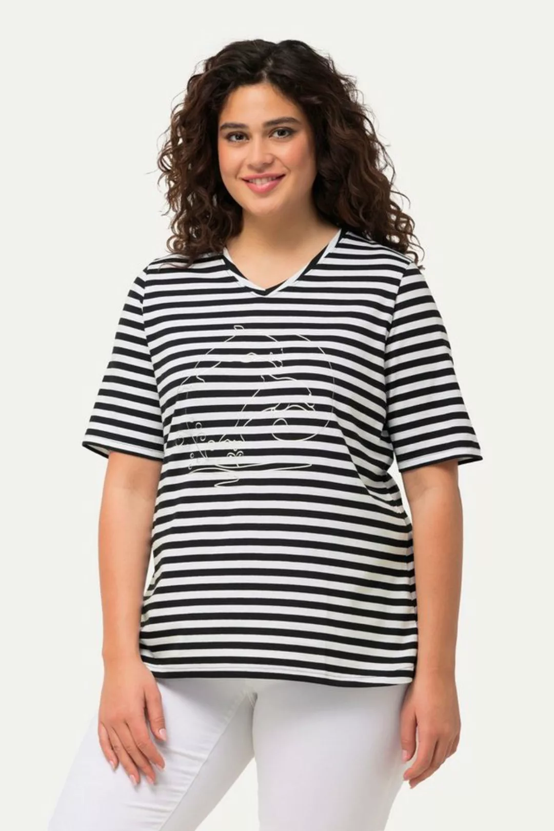 Ulla Popken Rundhalsshirt Shirt Ringel Metallic-Tier V-Ausschnitt Halbarm günstig online kaufen