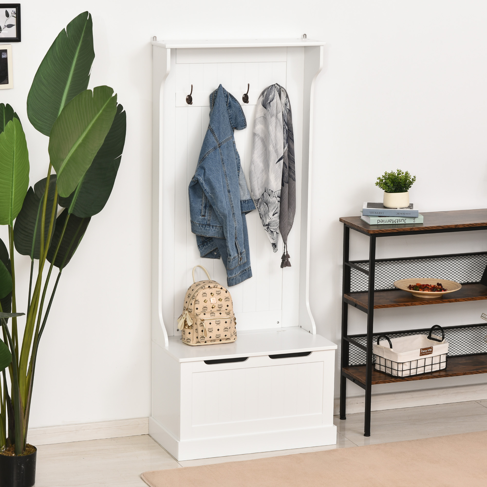 HOMCOM Bodengarderobenständer Modern 3 in 1 mit 4 Haken, Aufbewahrungsbank günstig online kaufen