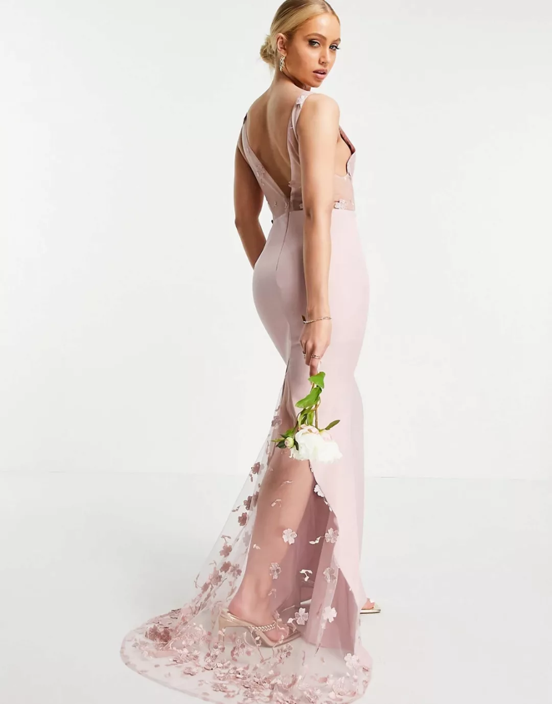 Jarlo – Maxikleid in Blush mit 3D-Blumenspitze-Rosa günstig online kaufen