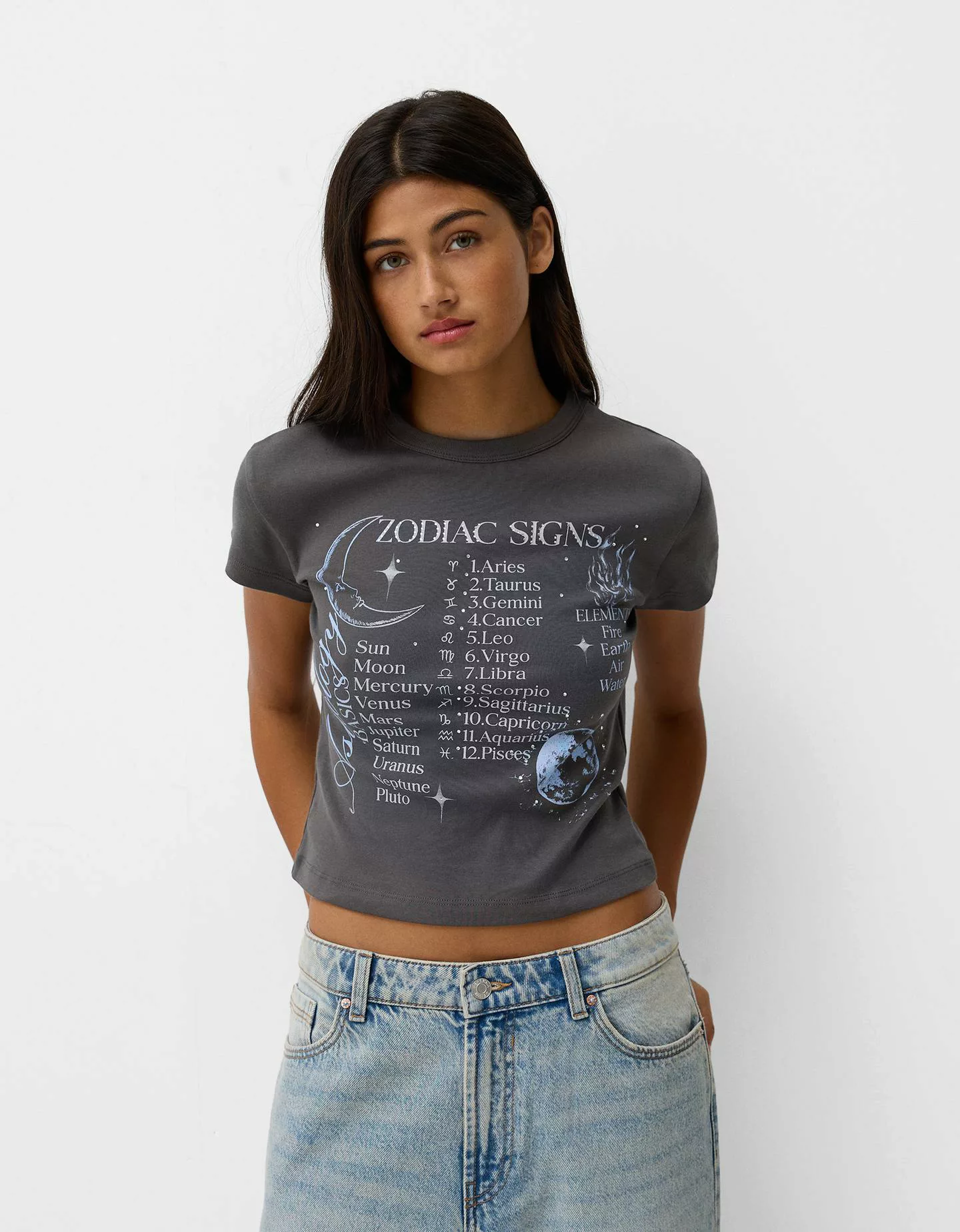 Bershka T-Shirt Mit Print Damen Xs Grau günstig online kaufen