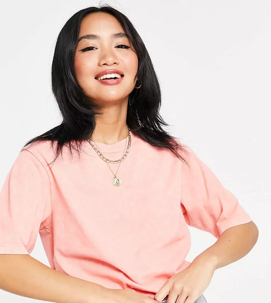 ASOS DESIGN Petite – Oversize T-Shirt in verwaschenem Korallenrot-Rosa günstig online kaufen