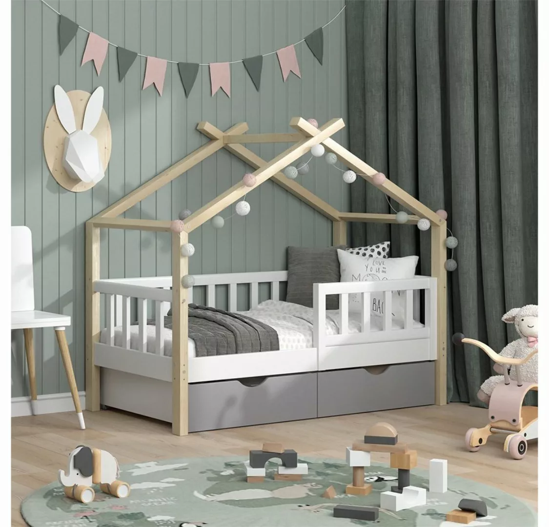 Vicco Kinderbett Hausbett Einzelbett 70x140cm DESIGN Natur Weiß günstig online kaufen