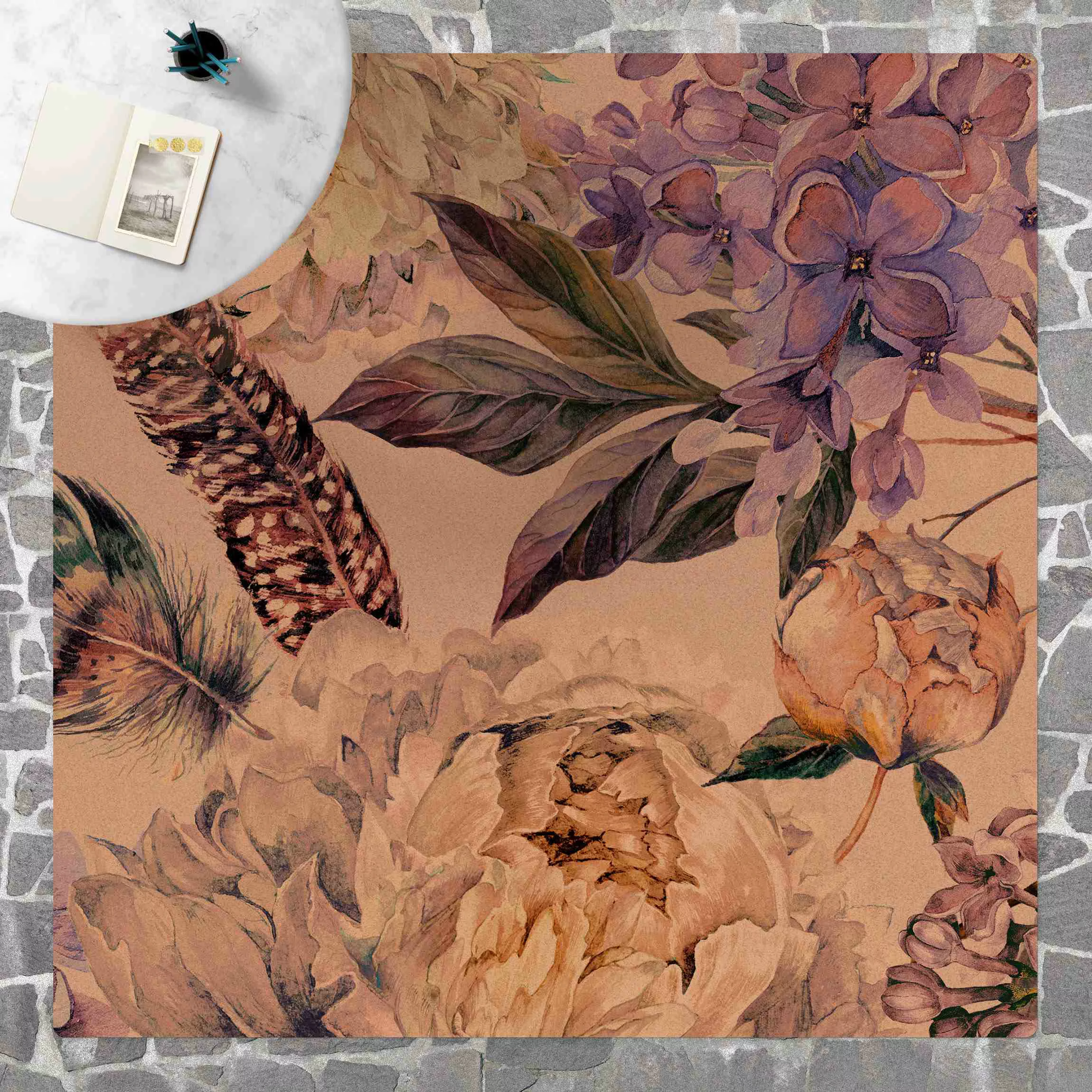 Kork-Teppich Zartes Aquarell Boho Blüten und Federn Muster günstig online kaufen