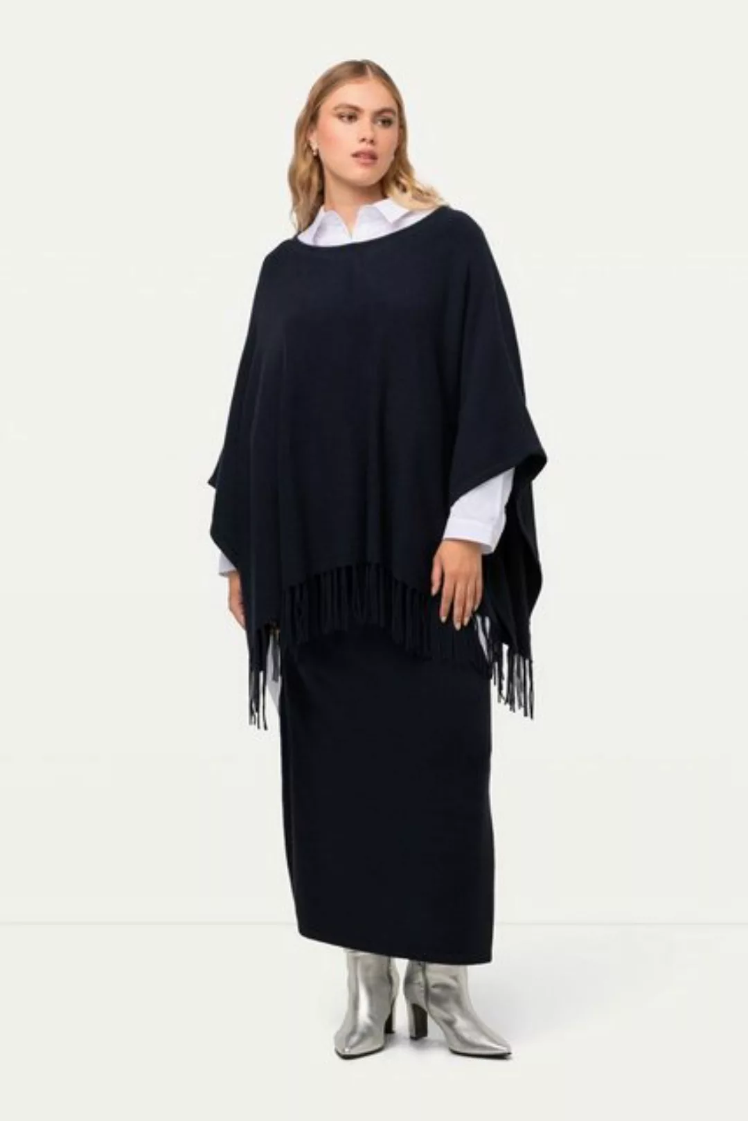 Ulla Popken Pullunder Strickponcho Oversized Fransen U-Boot-Ausschnitt günstig online kaufen