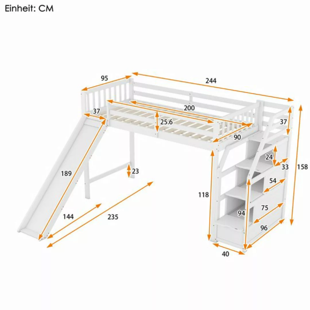 Ulife Hochbett Etagenbett Kinderbett mit Stauraumtreppe Mit Rutsche, 90*200 günstig online kaufen