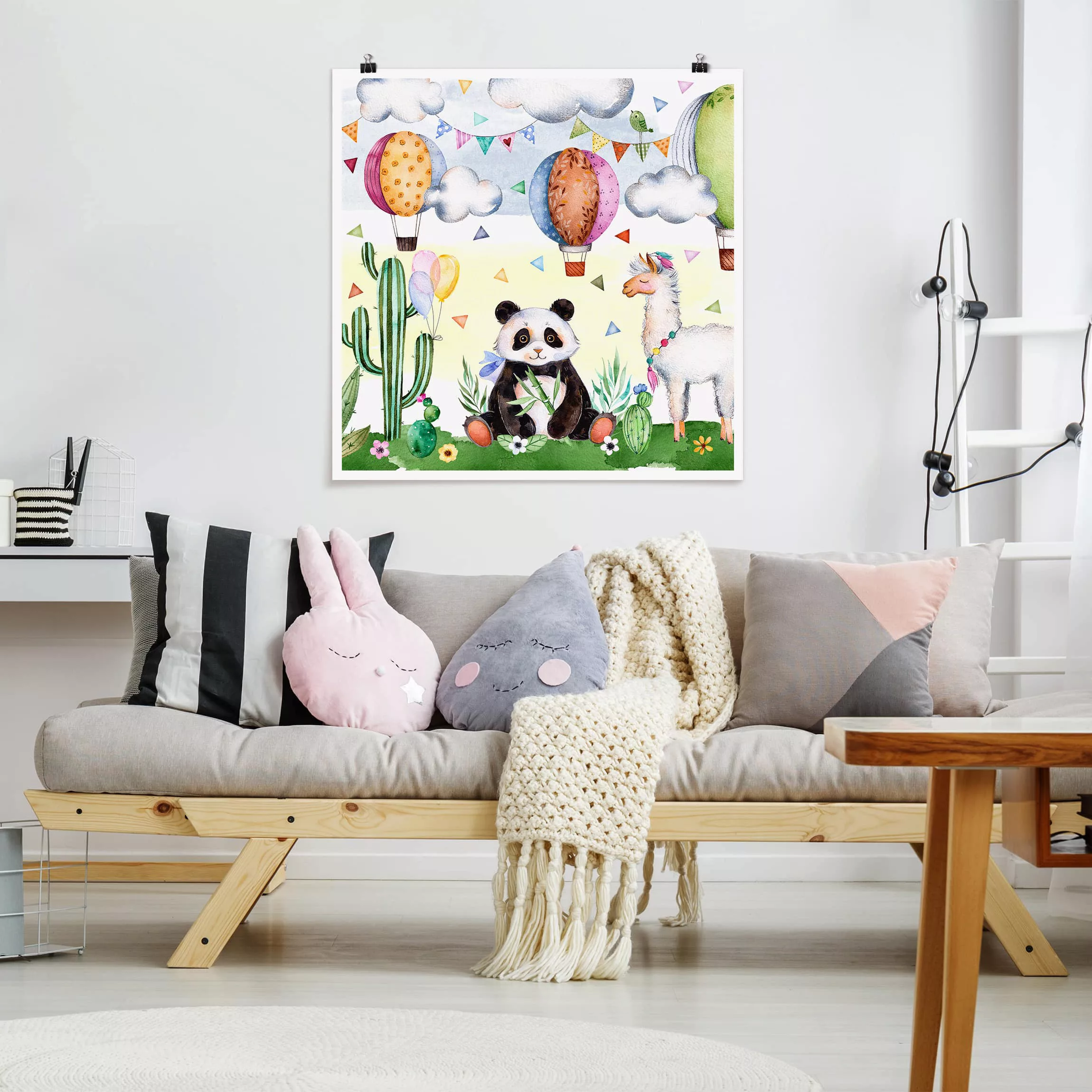 Poster Tiere - Quadrat Panda und Lama Aquarell günstig online kaufen