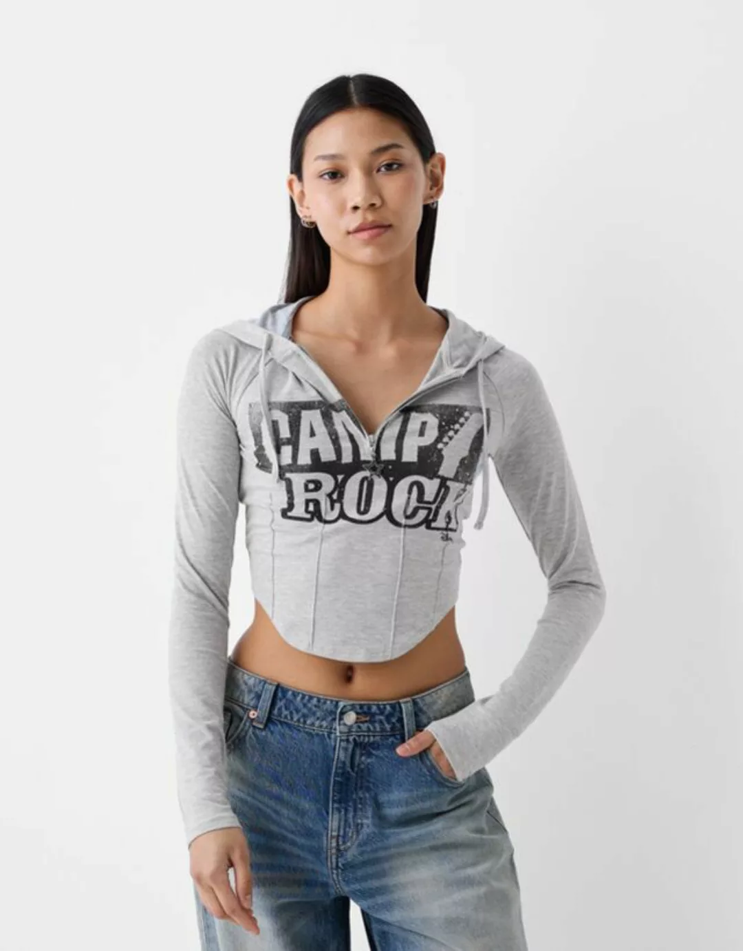Bershka Langarmshirt Camp Rock Mit Kapuze Damen Xs Grau günstig online kaufen