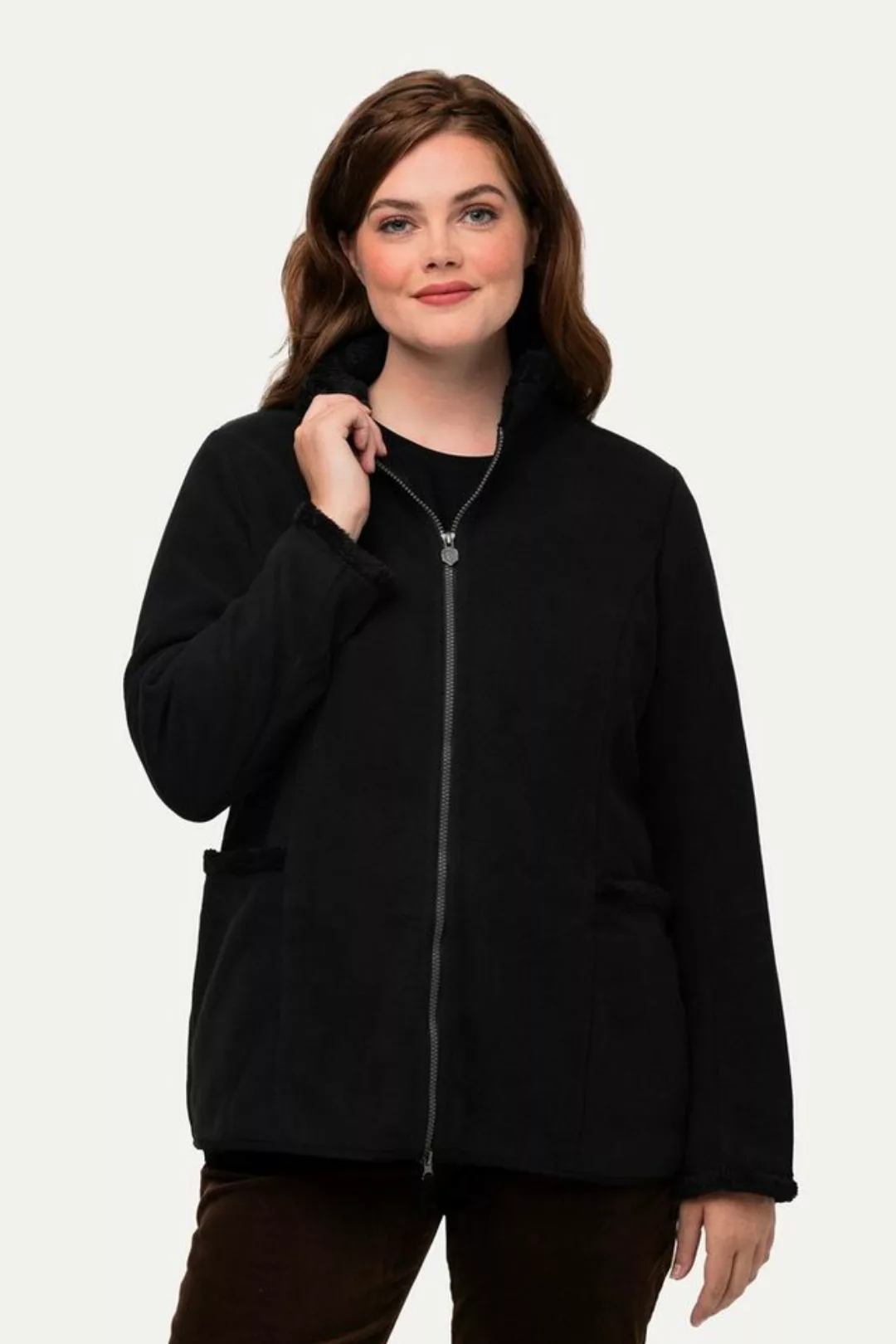 Ulla Popken Sommerjacke Fleece-Janker Teddyplüsch Stickerei Stehkragen günstig online kaufen