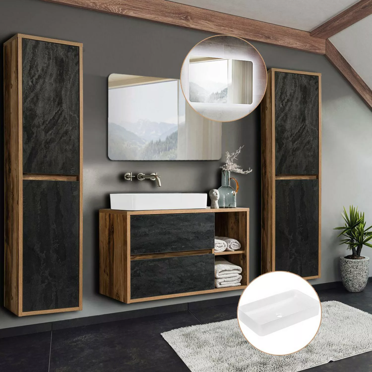 Badezimmermöbel Komplett Set Eiche mit Beton Nb. HARLOW-56 100 cm Waschtisc günstig online kaufen