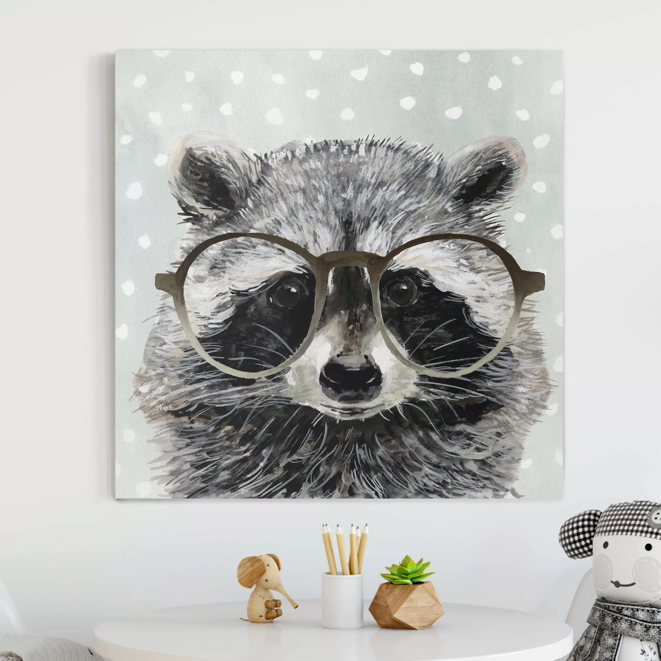 Leinwandbild Kinderzimmer - Quadrat Bebrillte Tiere - Waschbär günstig online kaufen