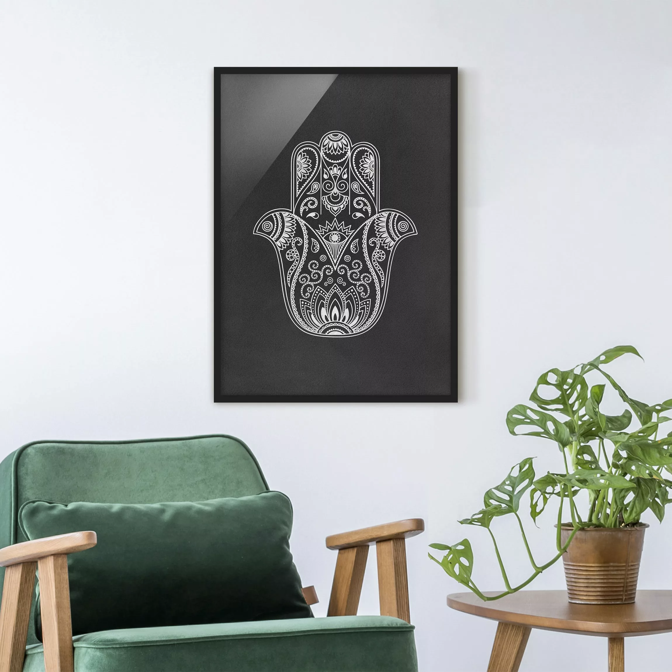 Bild mit Rahmen Schwarz-Weiß - Hochformat Hamsa Hand Illustration weiß schw günstig online kaufen