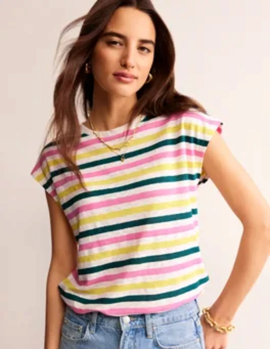 Louisa Leinen-T-Shirt mit Rundhalsausschnitt Damen Boden, Bunt Streifen günstig online kaufen