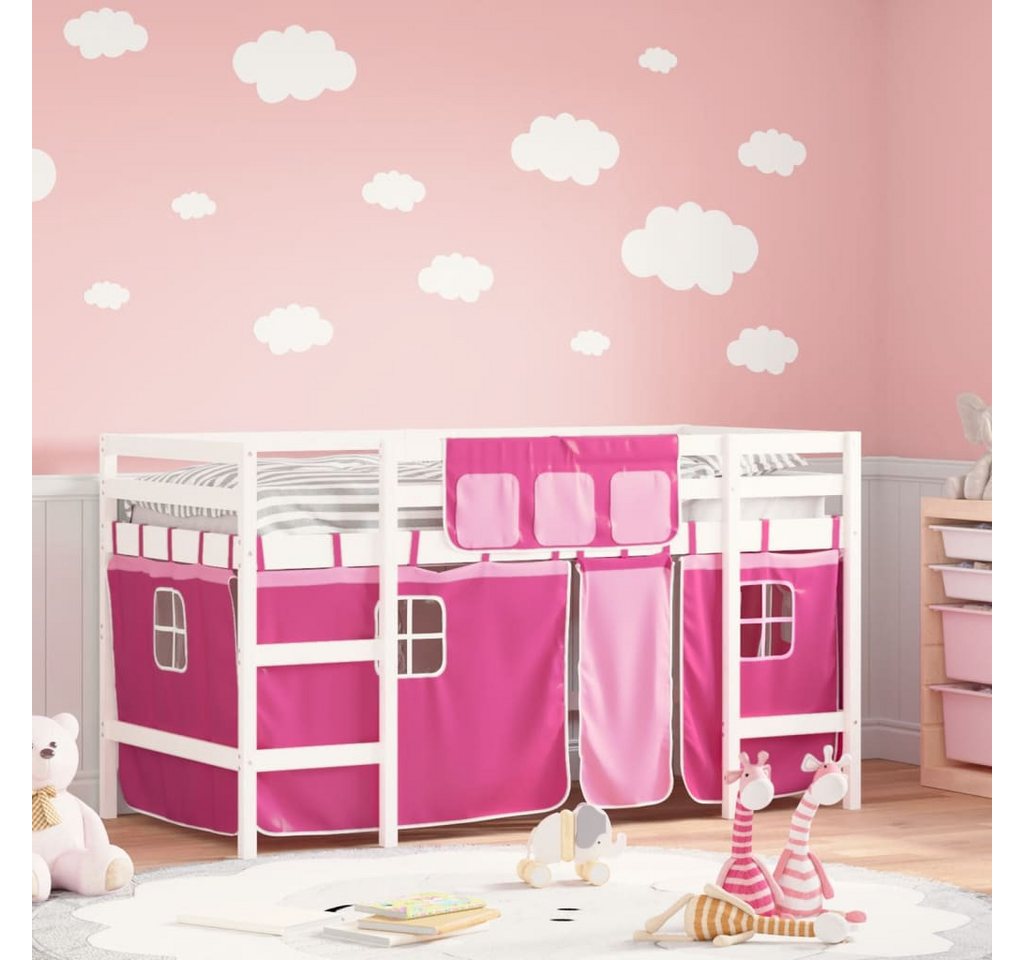 vidaXL Kinderbett Kinderhochbett mit Vorhängen Rosa 90x190 cm Massivholz Ki günstig online kaufen