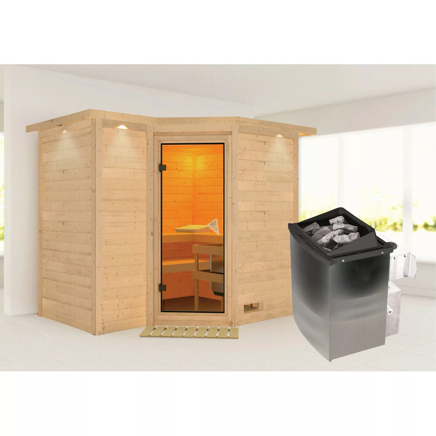 Karibu Sauna Steena 2 mit Ofen intergrierte Stg.LED-Dachkranz Natur günstig online kaufen