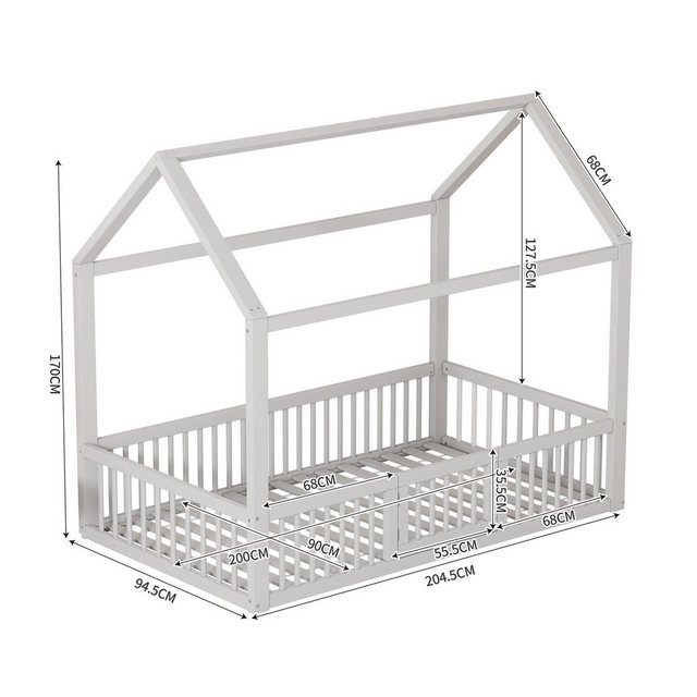 HAUSS SPLOE Kinderbett 90*200cm mit Türchen und Zaun Hausbett aus Kiefer un günstig online kaufen