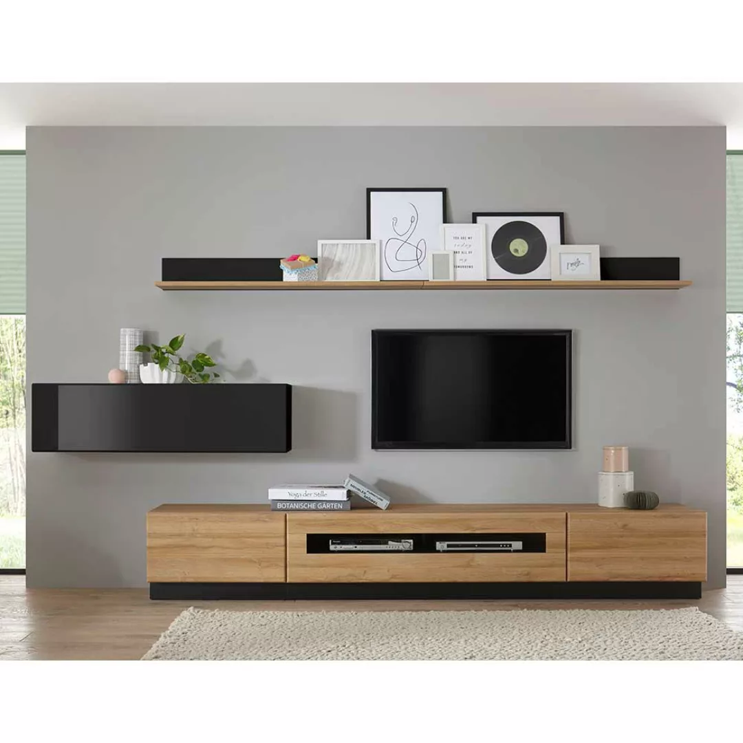 Wohnzimmerwand in Schwarz Hochglanz und Wildeiche Optik 280 cm breit (sechs günstig online kaufen