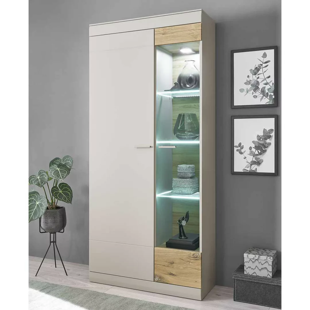 Wohnzimmer Schrank mit Glastür Hellgrau und Zinneichefarben günstig online kaufen