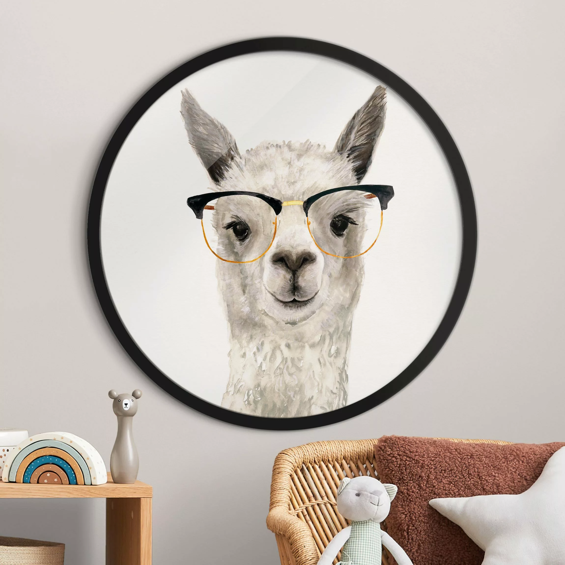 Rundes Gerahmtes Bild Hippes Lama mit Brille I günstig online kaufen
