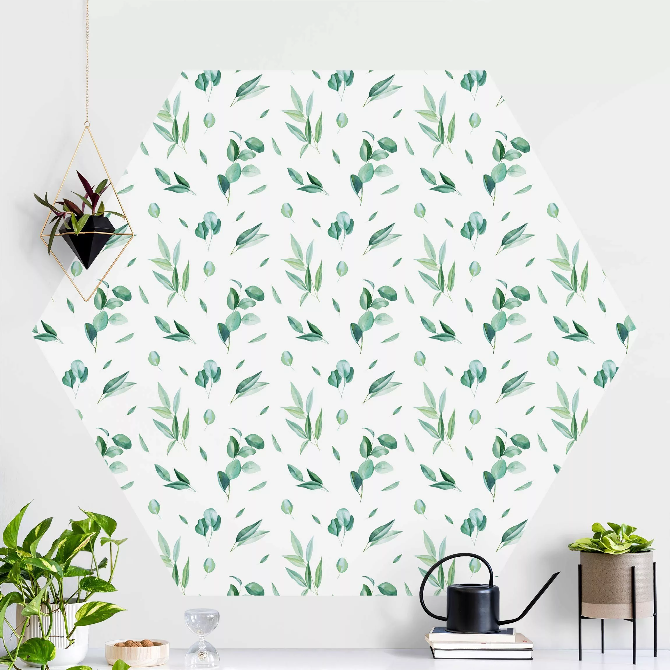 Hexagon Mustertapete selbstklebend Aquarell Muster Blätter und Eukalyptus günstig online kaufen