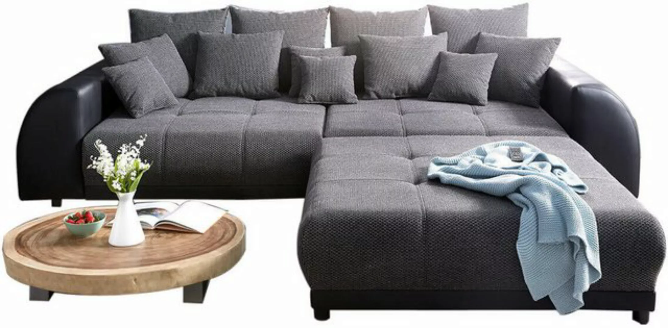 DELIFE Big-Sofa Violetta, Schwarz 310x135 cm inklusive Hocker und Kissen Bi günstig online kaufen