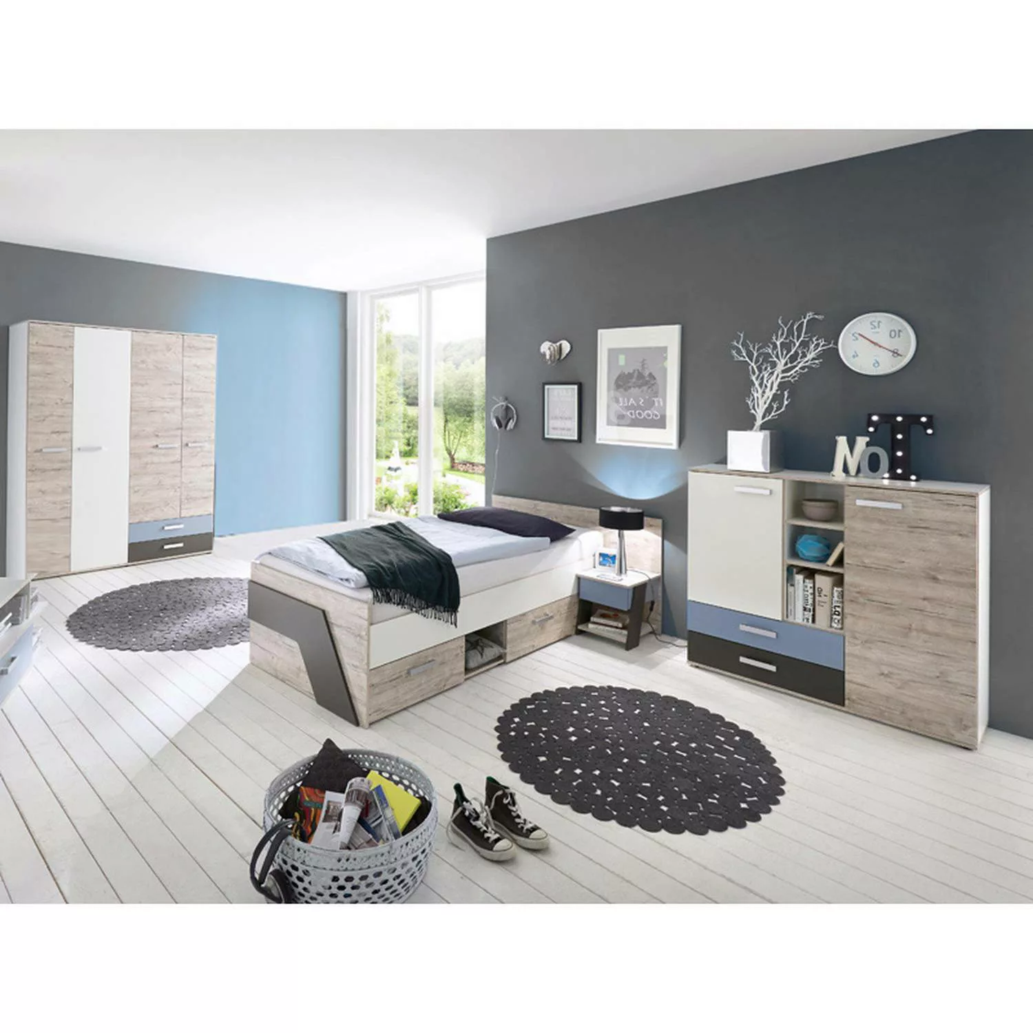 Lomadox Jugendzimmer Set 4-teilig LEEDS-10 in Sandeiche Nb. mit weiß, Lava günstig online kaufen