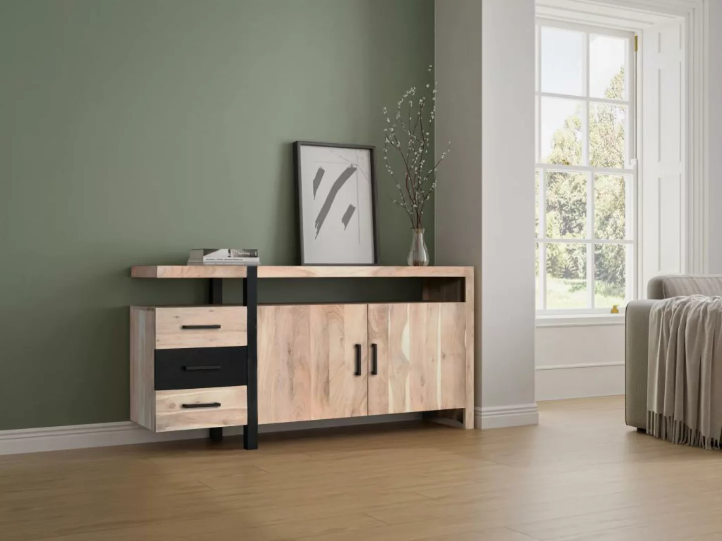 Sideboard mit 2 Türen, 3 Schubladen & 1 Regal - Akazienholz & Metall - Holz günstig online kaufen