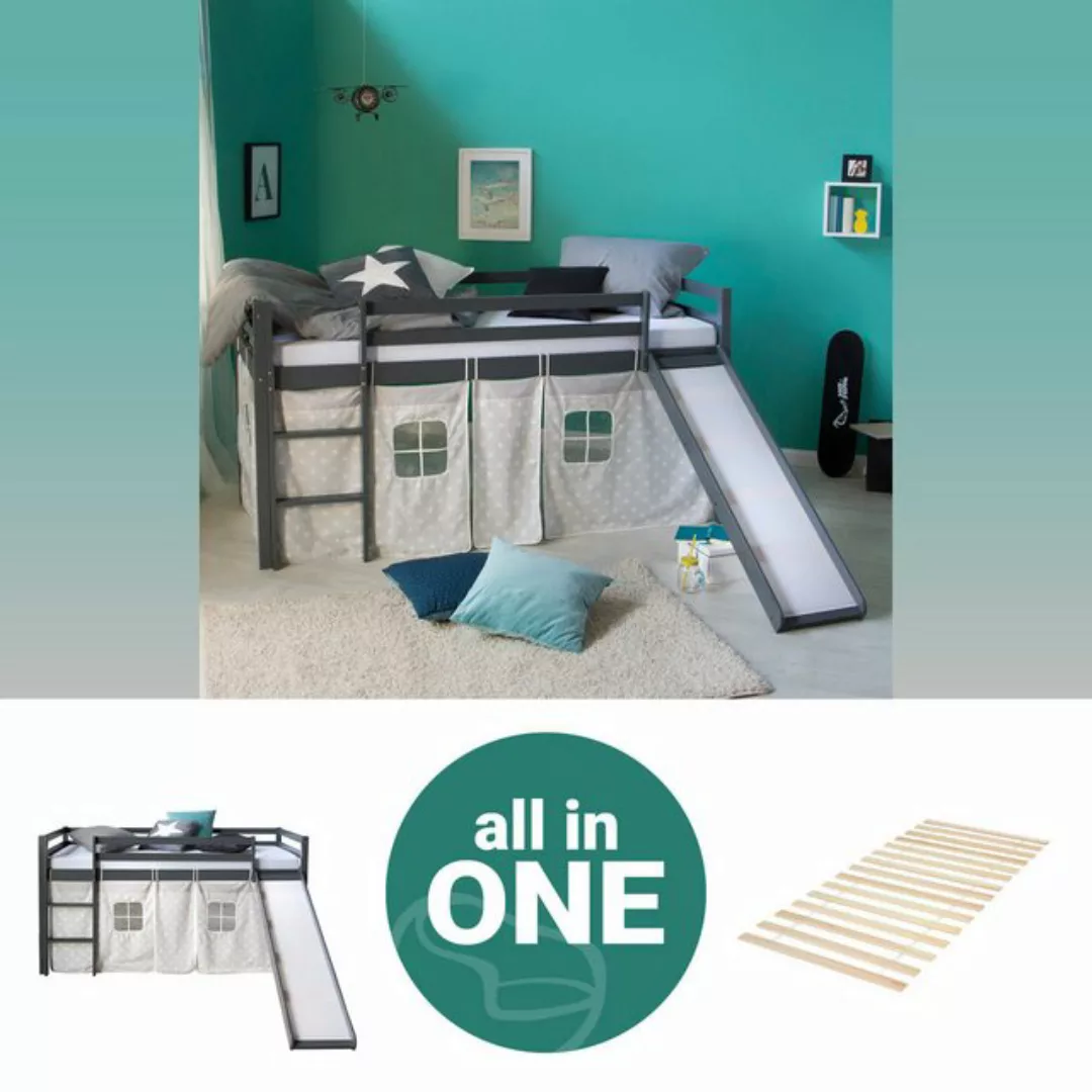 Homestyle4u Hochbett 90x200 cm Grau mit Vorhang Sterne Spielbett für 1 Kind günstig online kaufen