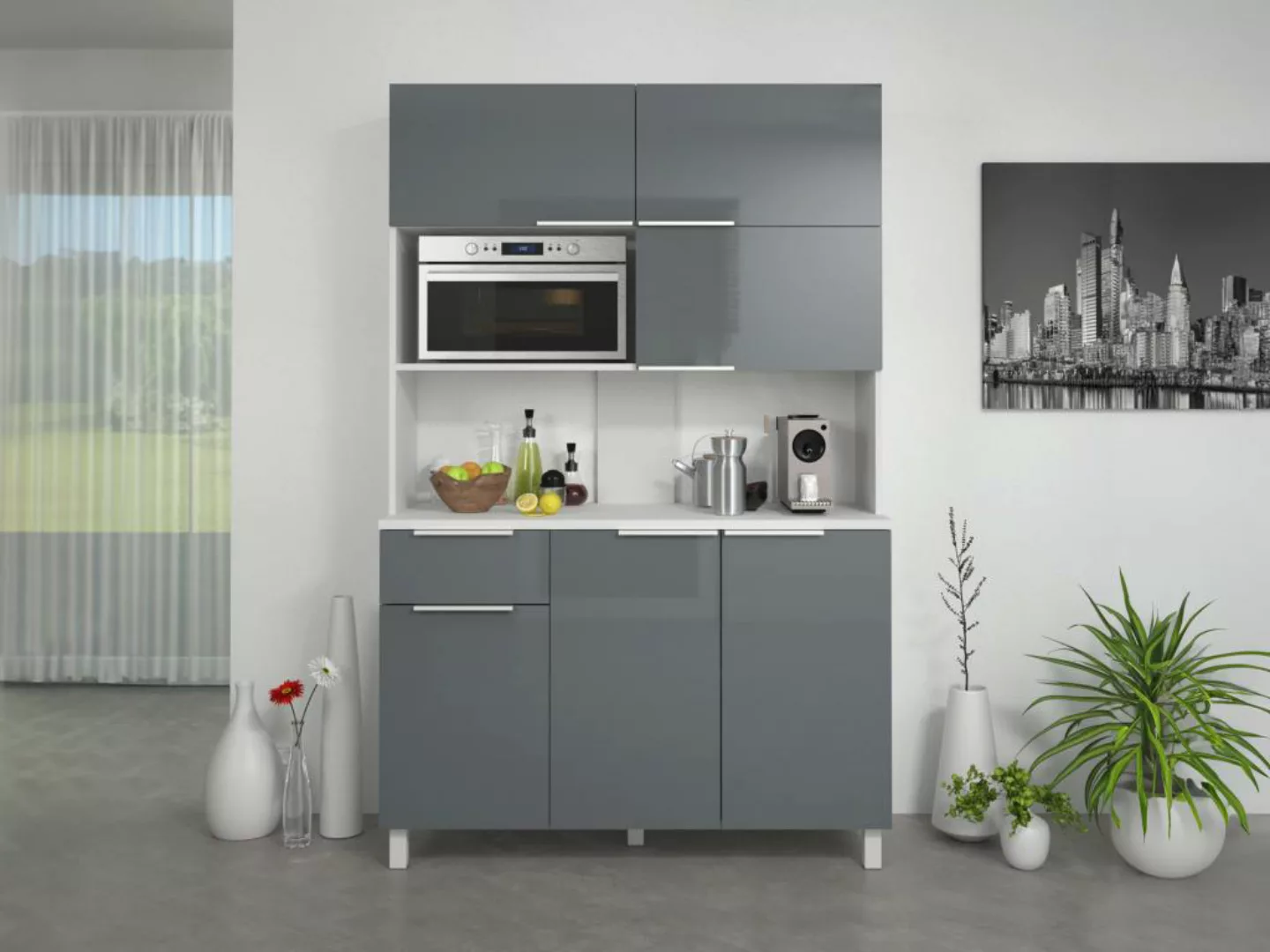 Küchen-Sideboard - 6 Türen, 1 Schublade und 1 Fach - Grau glänzend - TRATTO günstig online kaufen