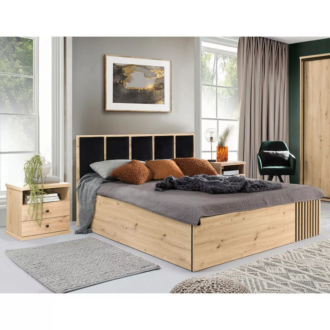 Schlafzimmer Set 3-teilig, Bett 180x200 cm, Eiche mit schwarz CALLAO-161 günstig online kaufen