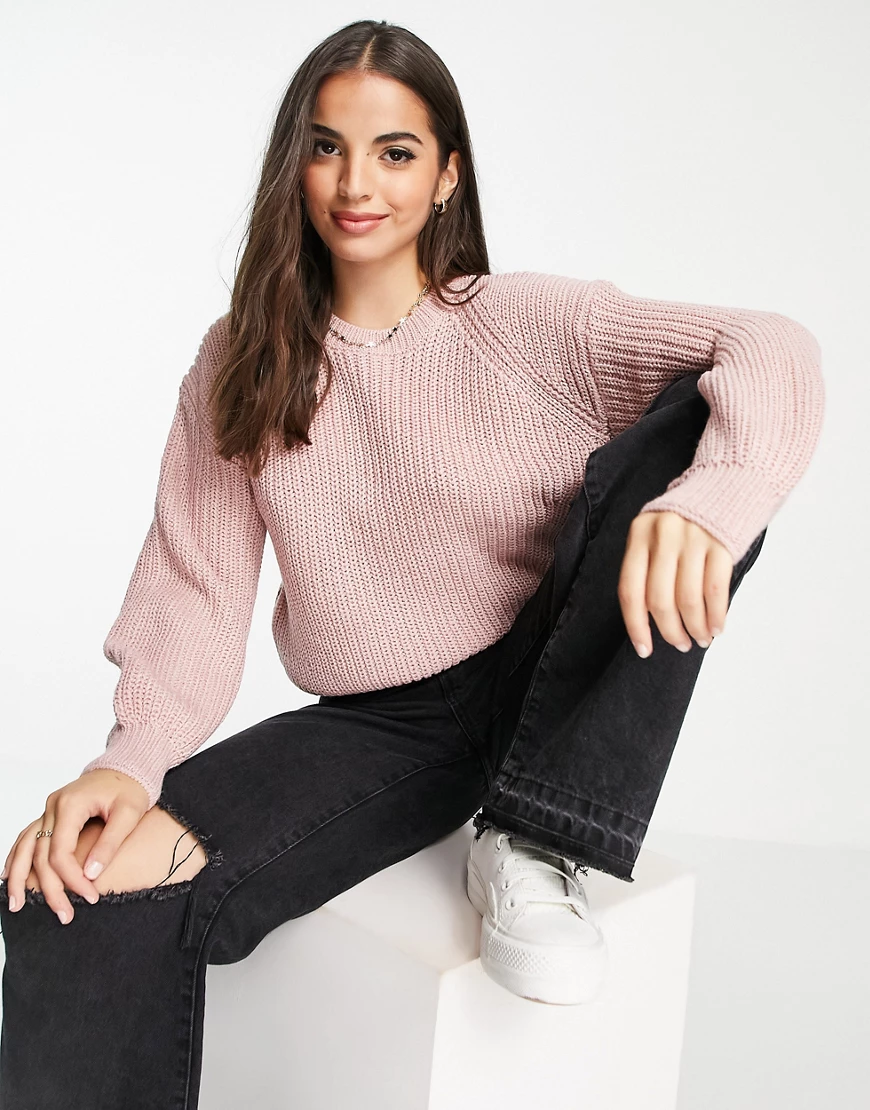 New Look – Gerippter Pullover mit Rundhalsausschnitt in Mittelrosa günstig online kaufen