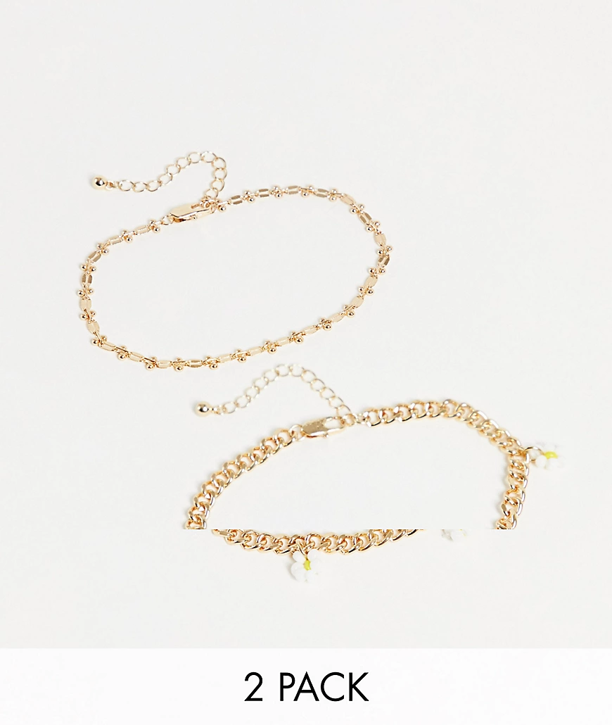 Pieces – 2er-Pack Fußkettchen mit Gänseblümchenanhänger in Goldfarben günstig online kaufen