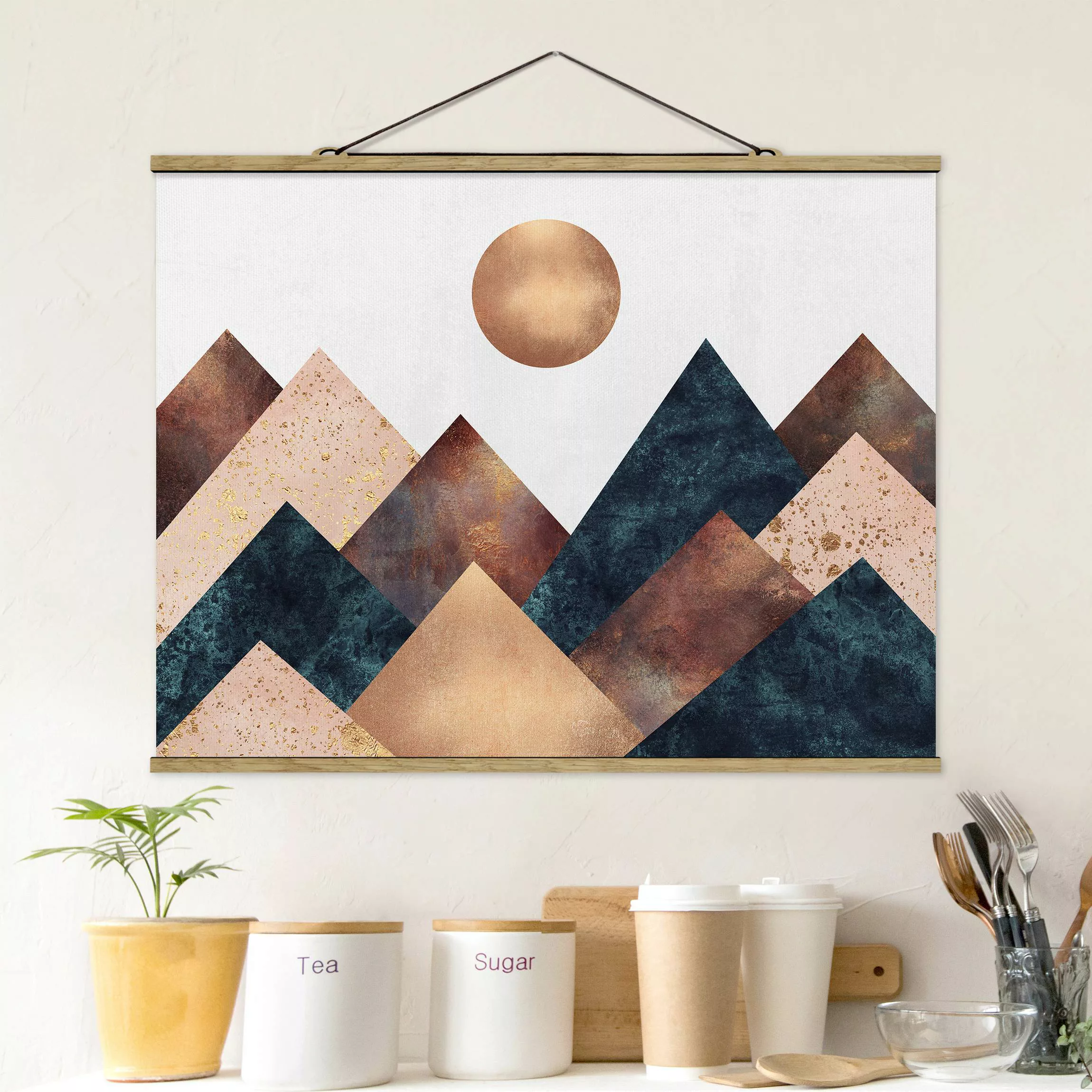 Stoffbild Abstrakt mit Posterleisten - Querformat Geometrische Berge Bronze günstig online kaufen