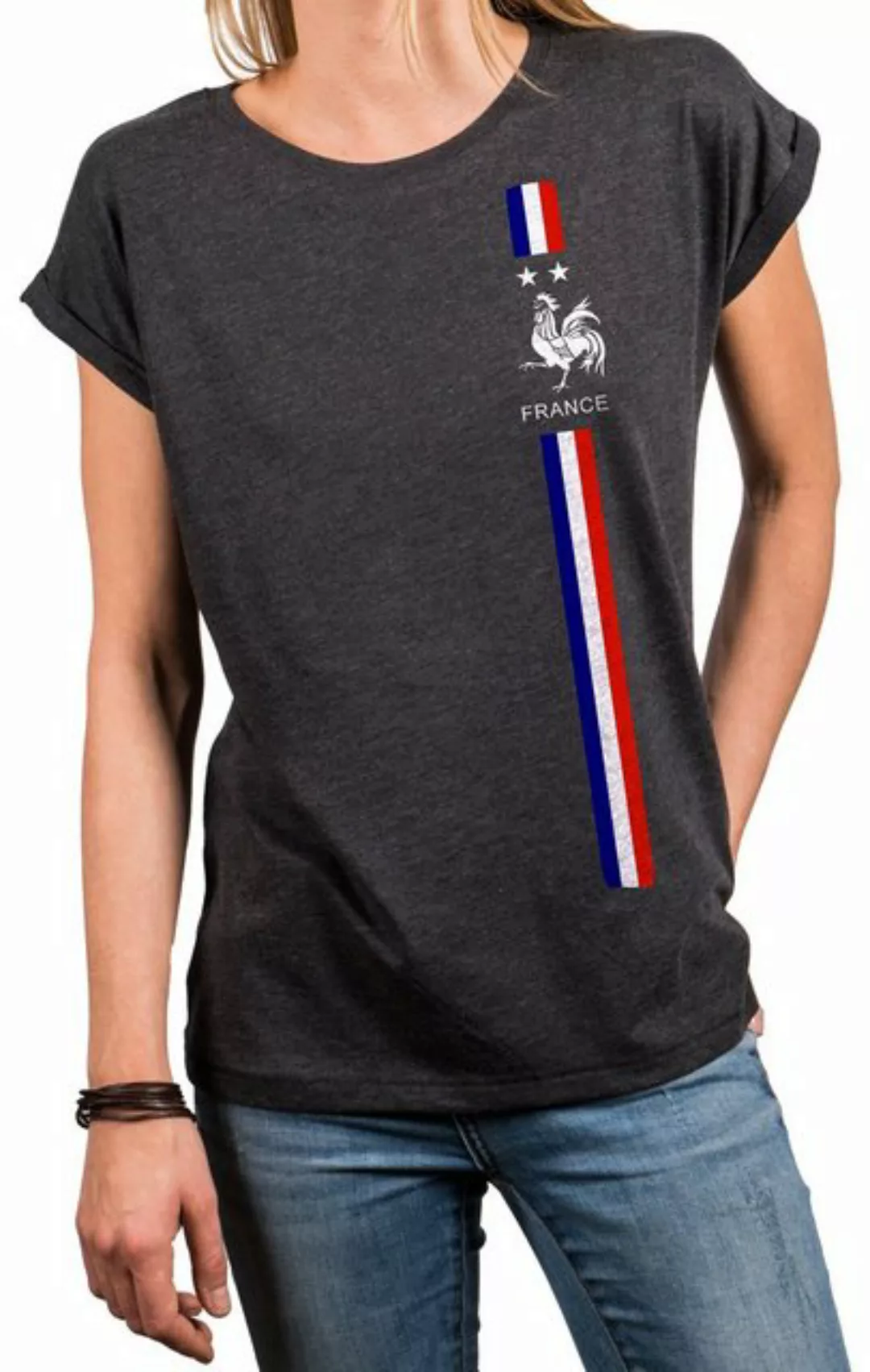 MAKAYA Print-Shirt Damen Kurzarmshirt Baumwolle Frankreich Fahne Flagge Tri günstig online kaufen