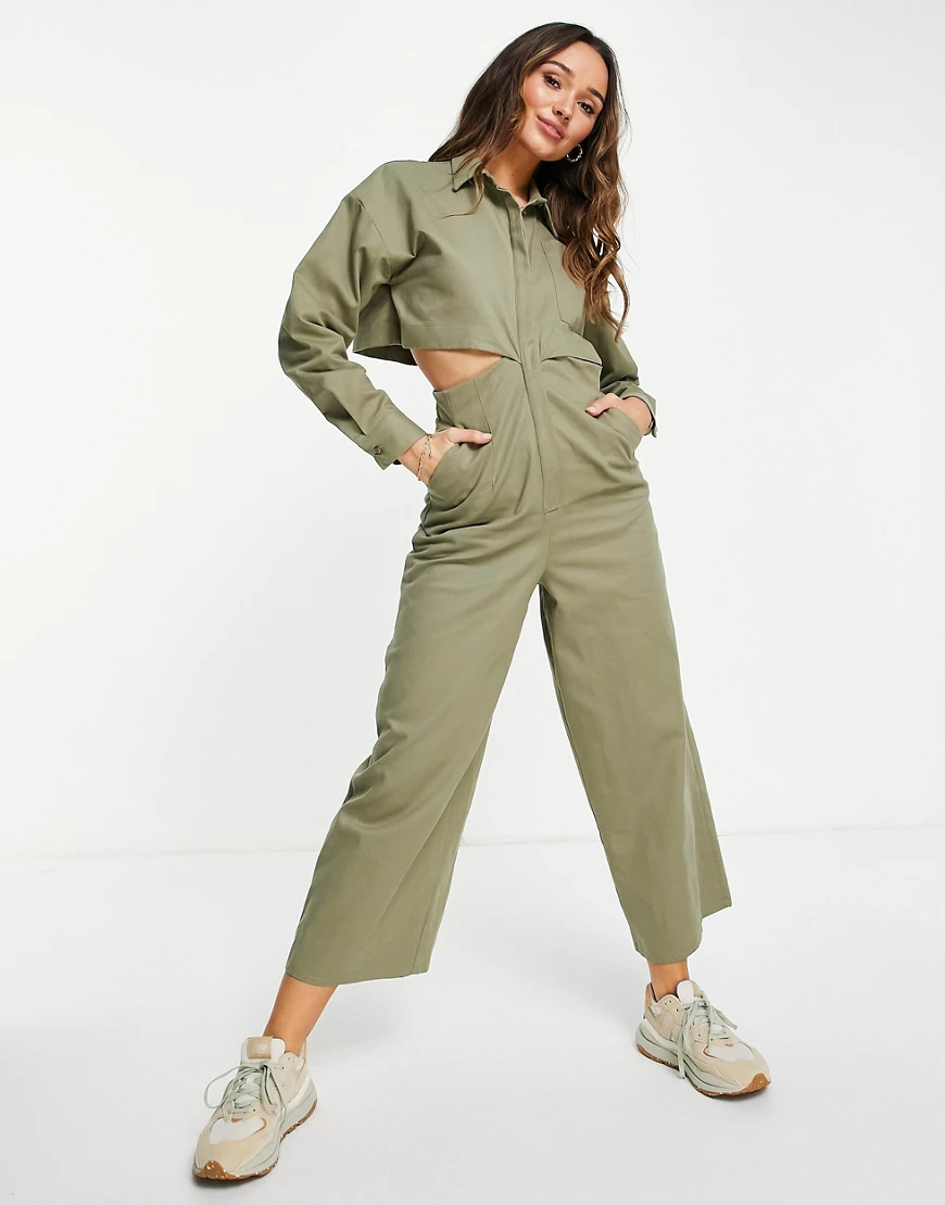 ASOS DESIGN – Langärmliger Twill-Overall in dunklem Salbeigrün mit Rückenau günstig online kaufen