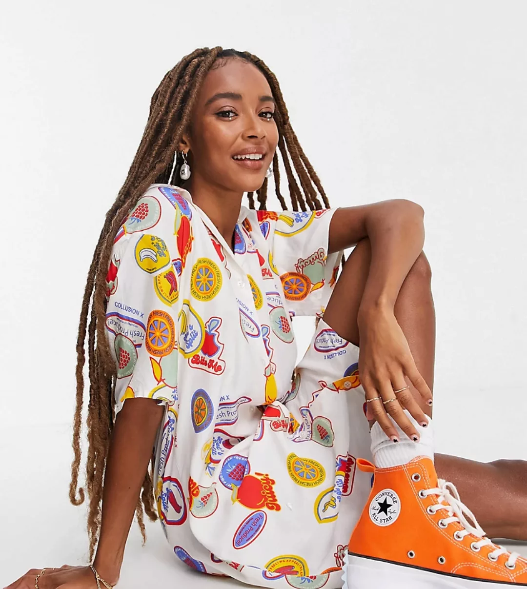 COLLUSION – Mini-Hemdkleid mit Reverskragen und Früchtemuster-Mehrfarbig günstig online kaufen