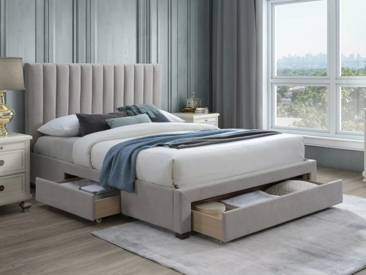 Bett mit 3 Schubladen - 160 x 200 cm - Stoff - Beige - LIAKO günstig online kaufen